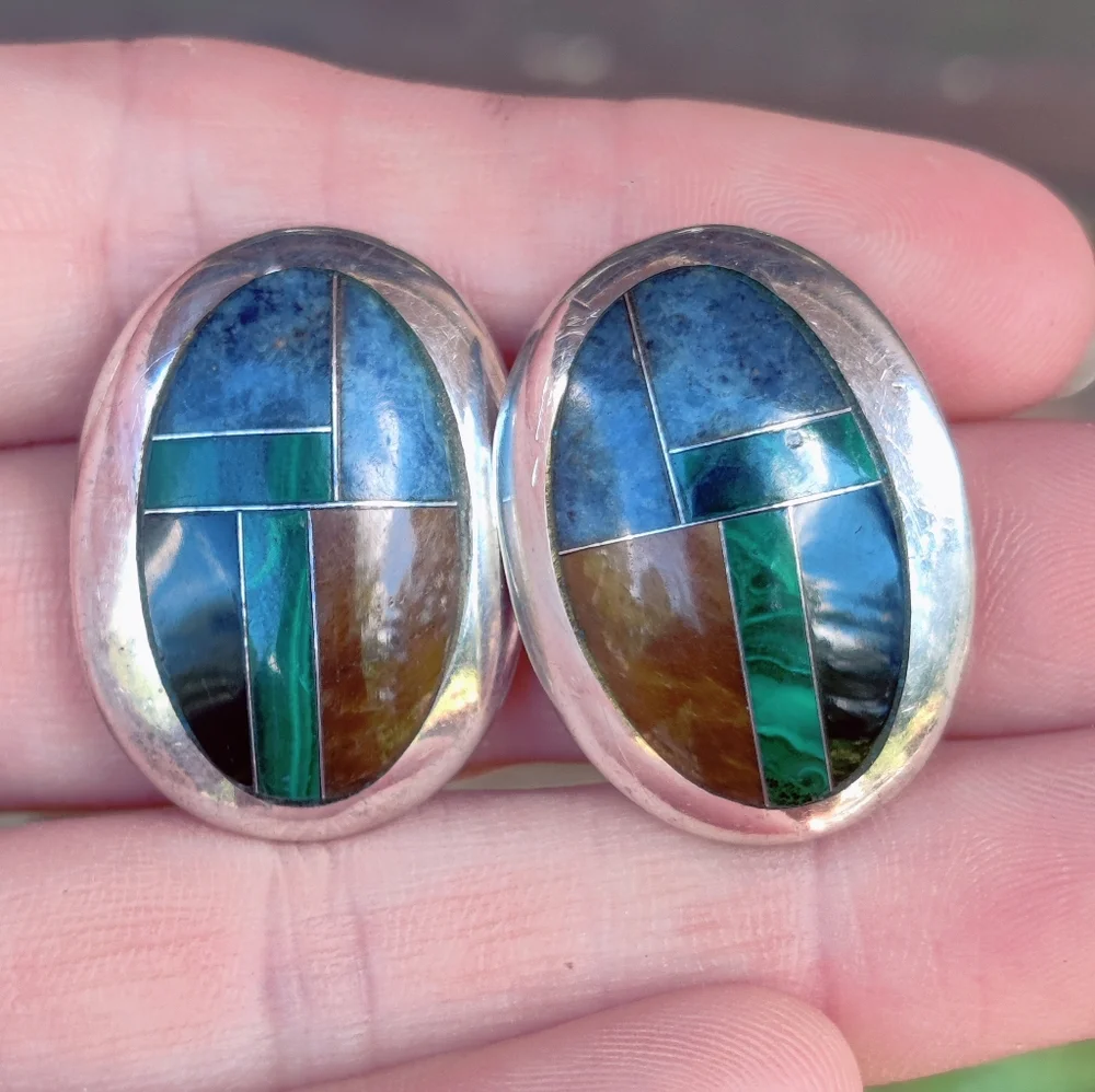 Vintage heavy 950 fine silver Mosaic taxco signed stone earrings - Picture 9 of 15